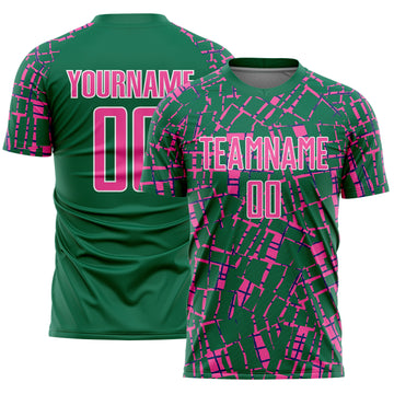 Custom Kelly Green Pink-White Abstract Line Sports Sublimation Soccer Uniform Jersey