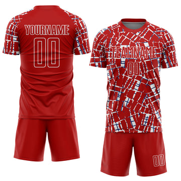 Custom Red White-Blue Abstract Line Sports Sublimation Soccer Uniform Jersey