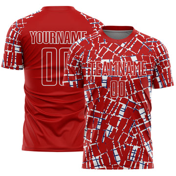 Custom Red White-Blue Abstract Line Sports Sublimation Soccer Uniform Jersey