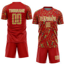 Загрузить изображение в средство просмотра галереи, Custom Red Old Gold White-Blue Abstract Line Sports Sublimation Soccer Uniform Jersey
