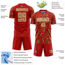 Загрузить изображение в средство просмотра галереи, Custom Red Old Gold White-Blue Abstract Line Sports Sublimation Soccer Uniform Jersey
