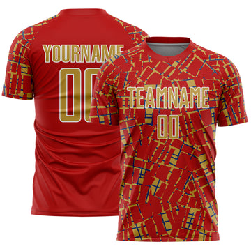 Custom Red Old Gold White-Blue Abstract Line Sports Sublimation Soccer Uniform Jersey