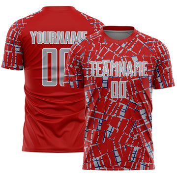Custom Red Gray White-Blue Abstract Line Sports Sublimation Soccer Uniform Jersey