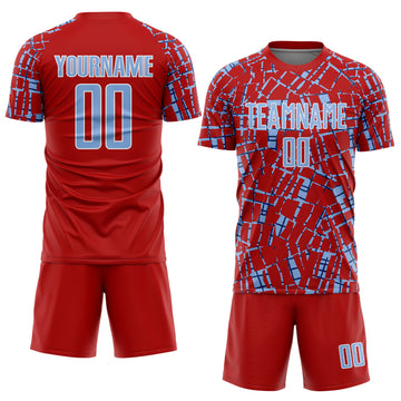 Custom Red Light Blue-White Abstract Line Sports Sublimation Soccer Uniform Jersey
