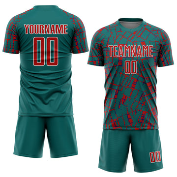 Custom Teal Red-White Abstract Line Sports Sublimation Soccer Uniform Jersey