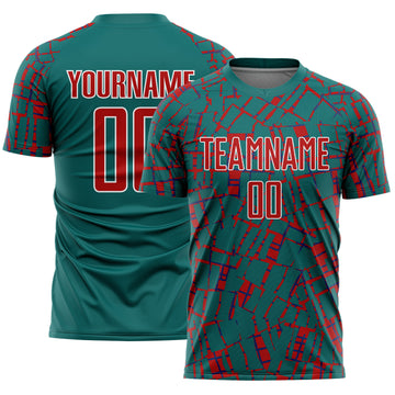 Custom Teal Red-White Abstract Line Sports Sublimation Soccer Uniform Jersey