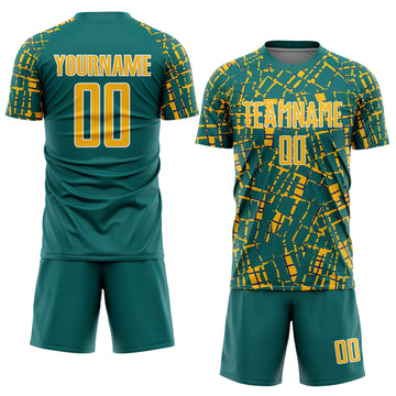 Custom Teal Gold-White Abstract Line Sports Sublimation Soccer Uniform Jersey