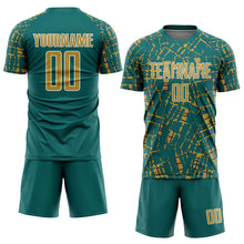 Загрузить изображение в средство просмотра галереи, Custom Teal Old Gold-White Abstract Line Sports Sublimation Soccer Uniform Jersey
