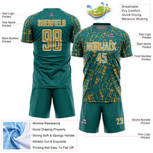 Загрузить изображение в средство просмотра галереи, Custom Teal Old Gold-White Abstract Line Sports Sublimation Soccer Uniform Jersey
