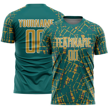 Custom Teal Old Gold-White Abstract Line Sports Sublimation Soccer Uniform Jersey