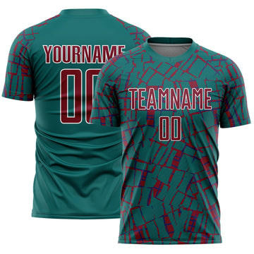 Custom Teal Crimson-White Abstract Line Sports Sublimation Soccer Uniform Jersey