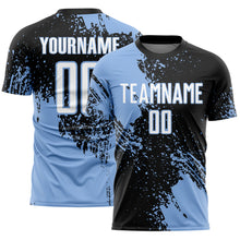 Загрузить изображение в средство просмотра галереи, Custom Black White-Light Blue Abstract Brush Stroke Sports Sublimation Soccer Uniform Jersey
