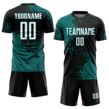 Load image into Gallery viewer, Custom Black White-Teal Abstract Brush Stroke Sports Sublimation Soccer Uniform Jersey
