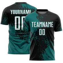 Load image into Gallery viewer, Custom Black White-Teal Abstract Brush Stroke Sports Sublimation Soccer Uniform Jersey
