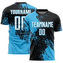 Загрузить изображение в средство просмотра галереи, Custom Black White-Sky Blue Abstract Brush Stroke Sports Sublimation Soccer Uniform Jersey
