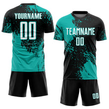Load image into Gallery viewer, Custom Black White-Aqua Abstract Brush Stroke Sports Sublimation Soccer Uniform Jersey
