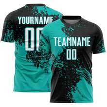 Load image into Gallery viewer, Custom Black White-Aqua Abstract Brush Stroke Sports Sublimation Soccer Uniform Jersey

