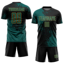 Загрузить изображение в средство просмотра галереи, Custom Black Midnight Green-Old Gold Abstract Brush Stroke Sports Sublimation Soccer Uniform Jersey
