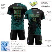 Загрузить изображение в средство просмотра галереи, Custom Black Midnight Green-Old Gold Abstract Brush Stroke Sports Sublimation Soccer Uniform Jersey
