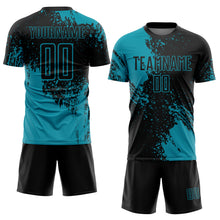 Laden Sie das Bild in den Galerie-Viewer, Custom Black Teal Abstract Brush Stroke Sports Sublimation Soccer Uniform Jersey
