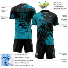 Laden Sie das Bild in den Galerie-Viewer, Custom Black Teal Abstract Brush Stroke Sports Sublimation Soccer Uniform Jersey
