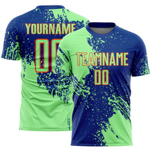 Load image into Gallery viewer, Custom Royal Pea Green-Orange Abstract Brush Stroke Sports Sublimation Soccer Uniform Jersey
