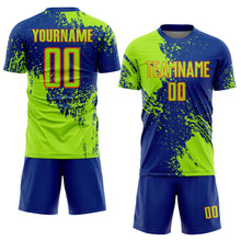 Load image into Gallery viewer, Custom Royal Neon Green-Orange Abstract Brush Stroke Sports Sublimation Soccer Uniform Jersey

