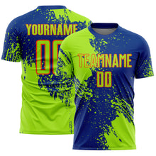 Load image into Gallery viewer, Custom Royal Neon Green-Orange Abstract Brush Stroke Sports Sublimation Soccer Uniform Jersey
