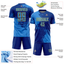 Load image into Gallery viewer, Custom Royal Powder Blue-Yellow Abstract Brush Stroke Sports Sublimation Soccer Uniform Jersey
