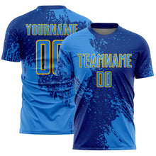 Load image into Gallery viewer, Custom Royal Powder Blue-Yellow Abstract Brush Stroke Sports Sublimation Soccer Uniform Jersey
