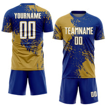 Load image into Gallery viewer, Custom Royal White-Old Gold Abstract Brush Stroke Sports Sublimation Soccer Uniform Jersey
