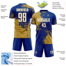 Load image into Gallery viewer, Custom Royal White-Old Gold Abstract Brush Stroke Sports Sublimation Soccer Uniform Jersey
