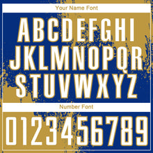 Load image into Gallery viewer, Custom Royal White-Old Gold Abstract Brush Stroke Sports Sublimation Soccer Uniform Jersey
