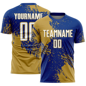 Custom Royal White-Old Gold Abstract Brush Stroke Sports Sublimation Soccer Uniform Jersey