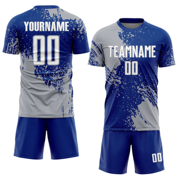 Custom Royal White-Gray Abstract Brush Stroke Sports Sublimation Soccer Uniform Jersey