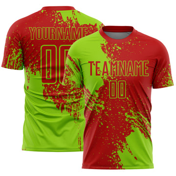 Custom Red Neon Green Abstract Brush Stroke Sports Sublimation Soccer Uniform Jersey