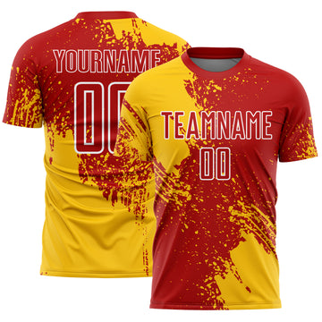 Custom Red Yellow-White Abstract Brush Stroke Sports Sublimation Soccer Uniform Jersey