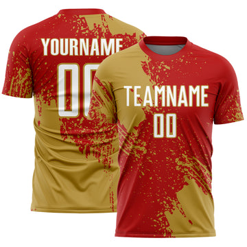 Custom Red White-Old Gold Abstract Brush Stroke Sports Sublimation Soccer Uniform Jersey
