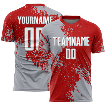 Custom Red White-Gray Abstract Brush Stroke Sports Sublimation Soccer Uniform Jersey
