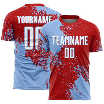 Custom Red White-Light Blue Abstract Brush Stroke Sports Sublimation Soccer Uniform Jersey