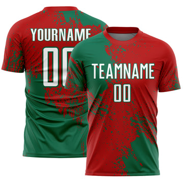 Custom Red White-Kelly Green Abstract Brush Stroke Sports Sublimation Soccer Uniform Jersey