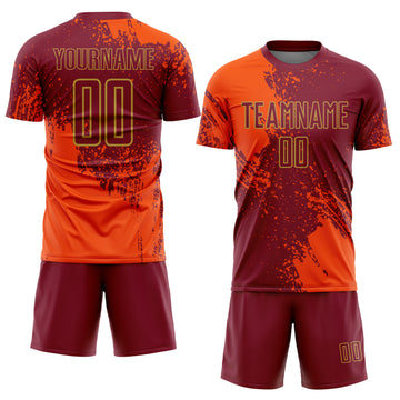 Custom Crimson Orange-Old Gold Abstract Brush Stroke Sports Sublimation Soccer Uniform Jersey