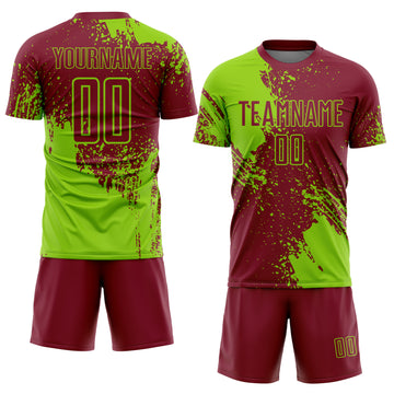 Custom Crimson Neon Green Abstract Brush Stroke Sports Sublimation Soccer Uniform Jersey