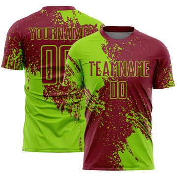 Custom Crimson Neon Green Abstract Brush Stroke Sports Sublimation Soccer Uniform Jersey