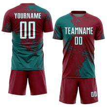 Загрузить изображение в средство просмотра галереи, Custom Crimson White-Teal Abstract Brush Stroke Sports Sublimation Soccer Uniform Jersey
