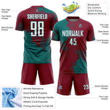 Загрузить изображение в средство просмотра галереи, Custom Crimson White-Teal Abstract Brush Stroke Sports Sublimation Soccer Uniform Jersey
