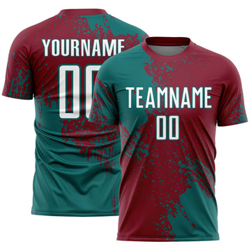 Custom Crimson White-Teal Abstract Brush Stroke Sports Sublimation Soccer Uniform Jersey