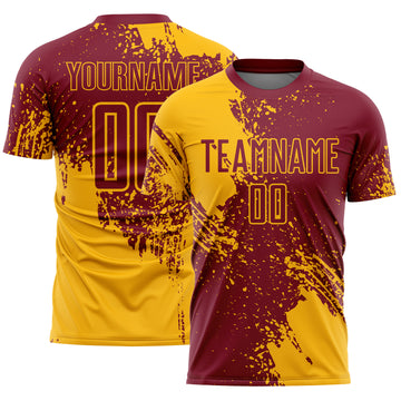 Custom Crimson Gold Abstract Brush Stroke Sports Sublimation Soccer Uniform Jersey