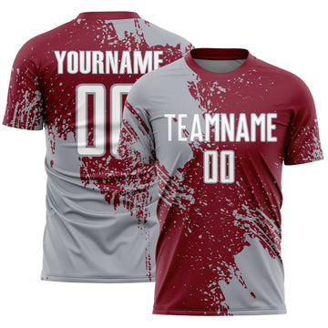 Custom Crimson White-Gray Abstract Brush Stroke Sports Sublimation Soccer Uniform Jersey
