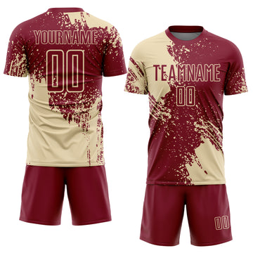 Custom Crimson Cream Abstract Brush Stroke Sports Sublimation Soccer Uniform Jersey